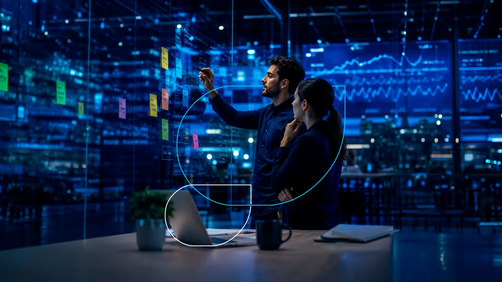 Especialistas analisando indicadores de dados em painel interativo